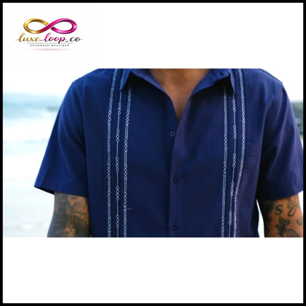 Men's Linen Cotton Guayabera Shirt Embroidered Cuban Wedding Beach Top - Picture 7 of 7